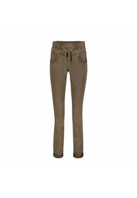 Brune, slim-fit bukser med elastisk talje og snøre. Har to forlommer med syningsdetaljer. Glat bomuldsstof.