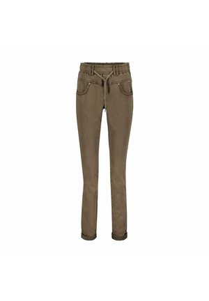Brune, slim-fit bukser med elastisk talje og snøre. Har to forlommer med syningsdetaljer. Glat bomuldsstof.