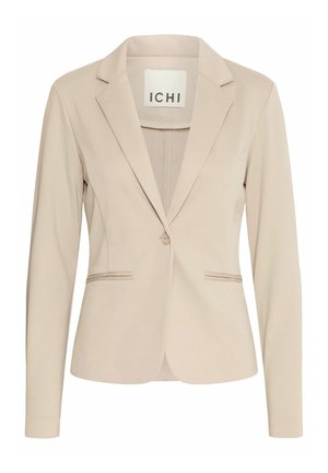 Bežový blazer vyrobený z hladké tkaniny, s klopovým límcem, jednobotonovým zapínáním a dvěma předními kapsami s paspulí.