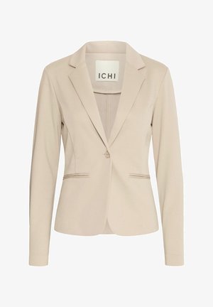 Blazer beige en tissu lisse, doté d'un col cranté, d'une fermeture à un bouton et de deux poches avant avec un détail en passepoil.