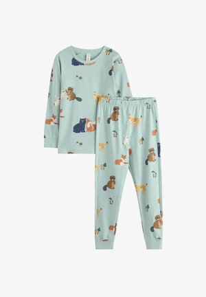 Twee-delig pyjama set in lichtblauwe stof met kleurrijke dierenpatronen, waaronder beren, vossen en bomen. Lange mouwen en elastische tailleband.