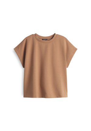 T-shirt marron à manches courtes avec un col rond, fabriqué en tissu doux. Caractérisé par une coupe décontractée et une texture lisse, sans motifs ni embellissements.