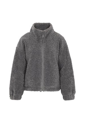 Harmaa fleece-takki korkean kauluksen, täyden vetoketjun ja joustotukkien kanssa. Teksturoitu, pehmeä kangas, jolla on pörröinen ilme.