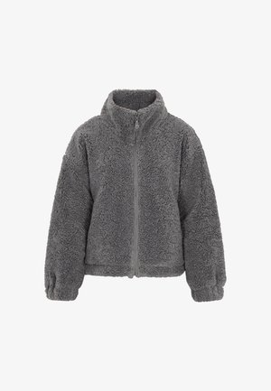 Felpa grigia in pile con colletto alto, zip frontale completa e polsini elasticizzati. Tessuto testurizzato, morbido con un aspetto soffice.