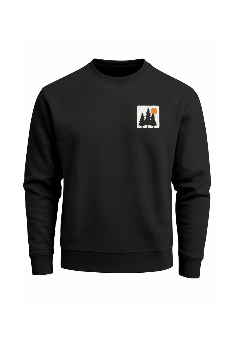 Black sweatshirt made of cotton blend, featuring a front graphic with trees and a sun. Round neck, long sleeves, ribbed cuffs and hem.