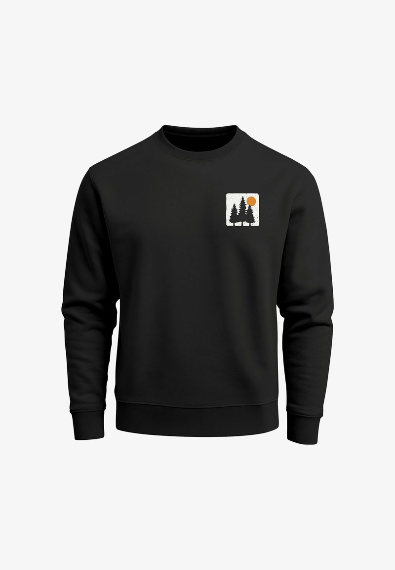 Black sweatshirt made of cotton blend, featuring a front graphic with trees and a sun. Round neck, long sleeves, ribbed cuffs and hem.