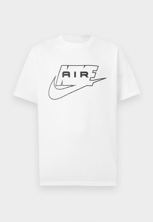 T-shirt unisexe à manches courtes blanc avec un swoosh Nike en contour noir et le mot « AIR » en lettres majuscules grasses sur la poitrine.