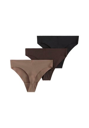 Tre par med dametruser i forskjellige farger: lys brun, mørk brun og svart. Glatt stoff med klassisk brief-design og sømløse kanter.