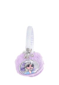 Orejeras de peluche moradas con una imagen circular de un personaje con cabello largo. Acento brillante en forma de copo de nieve en la diadema.