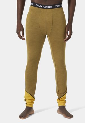 Zielone oliwkowe legginsy termiczne z teksturowanym splotem, żółtym detalem przy mankietach oraz czarną talią z białym logo "Helly Hansen".