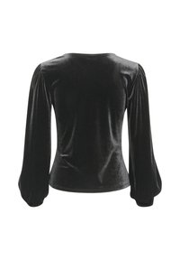 Musthave tume sametp aidsitega pikkade varrukatega top, millel on sobiv kehaosa ja puhvis varrukad, sileda tekstuuri ja ümmarguse kaelusega.
