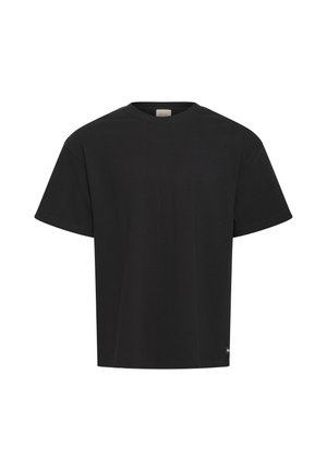 Sort T-shirt med korte ærmer og rund hals, afslappet pasform, ensfarvet design og lille mærketag i bunden.