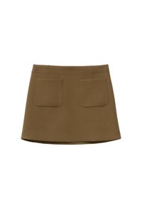 Brauner, knielanger Rock mit glatter Textur. Verfügt über zwei vordere Taschen und eine figurbetonte Taille, gestaltet mit einer leichten A-Linien-Form.