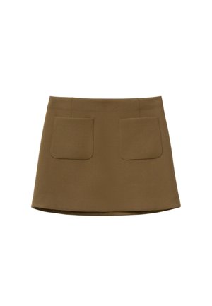 Brown, knee-length skirt with a smooth texture. Features two front pockets and a fitted waist, designed with a slight A-line shape.