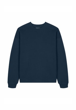 Felpa blu navy a girocollo con maniche lunghe e polsini e orlo a costine, esposta su uno sfondo bianco.