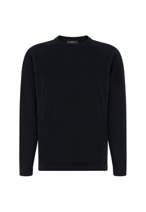 Černý svetr s kulatým výstřihem a dlouhými rukávy s žebrovanými manžetami a límcem, zobrazený na bílém pozadí, bez viditelných vzorů nebo log.