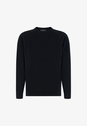 Sort crewneck-sweater med lange ærmer, ribkant ved ærmerne og halsen, vist på en hvid baggrund, uden synlige mønstre eller logoer.