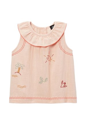Haut sans manches rose pâle pour tout-petit avec col à volants, soleil brodé avec "joie", palmier, feuilles, oiseau et lignes ondulées en couture multicolore.