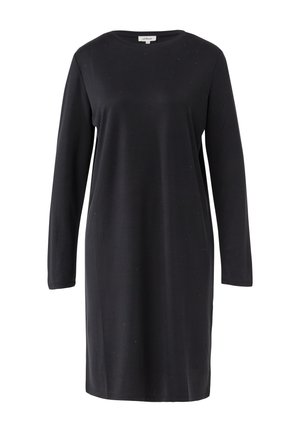 Schwarzes, langärmeliges Kleid aus weichem Stoff, mit geradem Schnitt, rundem Ausschnitt und dezenten Verzierungen auf der Vorderseite.