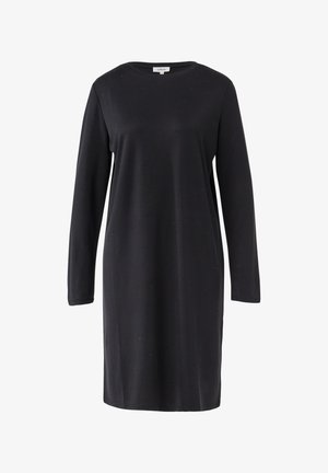 Zwarte jurk met lange mouwen van zachte stof, met een rechte snit, ronde hals en subtiele versieringen aan de voorkant.