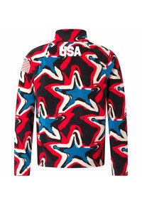 Giacca in pile con colletto alto, caratterizzata da un motivo a stelle rosse, bianche e blu. "USA" stampato sulla schiena, con una toppa a bandiera americana su una manica.