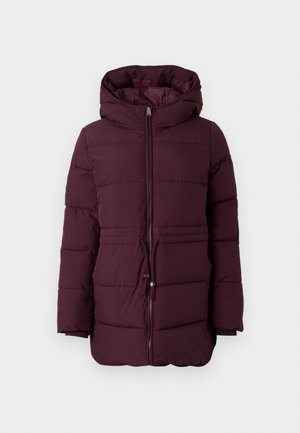Giubbotto imbottito bordeaux con cappuccio, dotato di zip frontale, vita regolabile con cordino elastico e texture trapuntata. Maniche lunghe con leggero restringimento.
