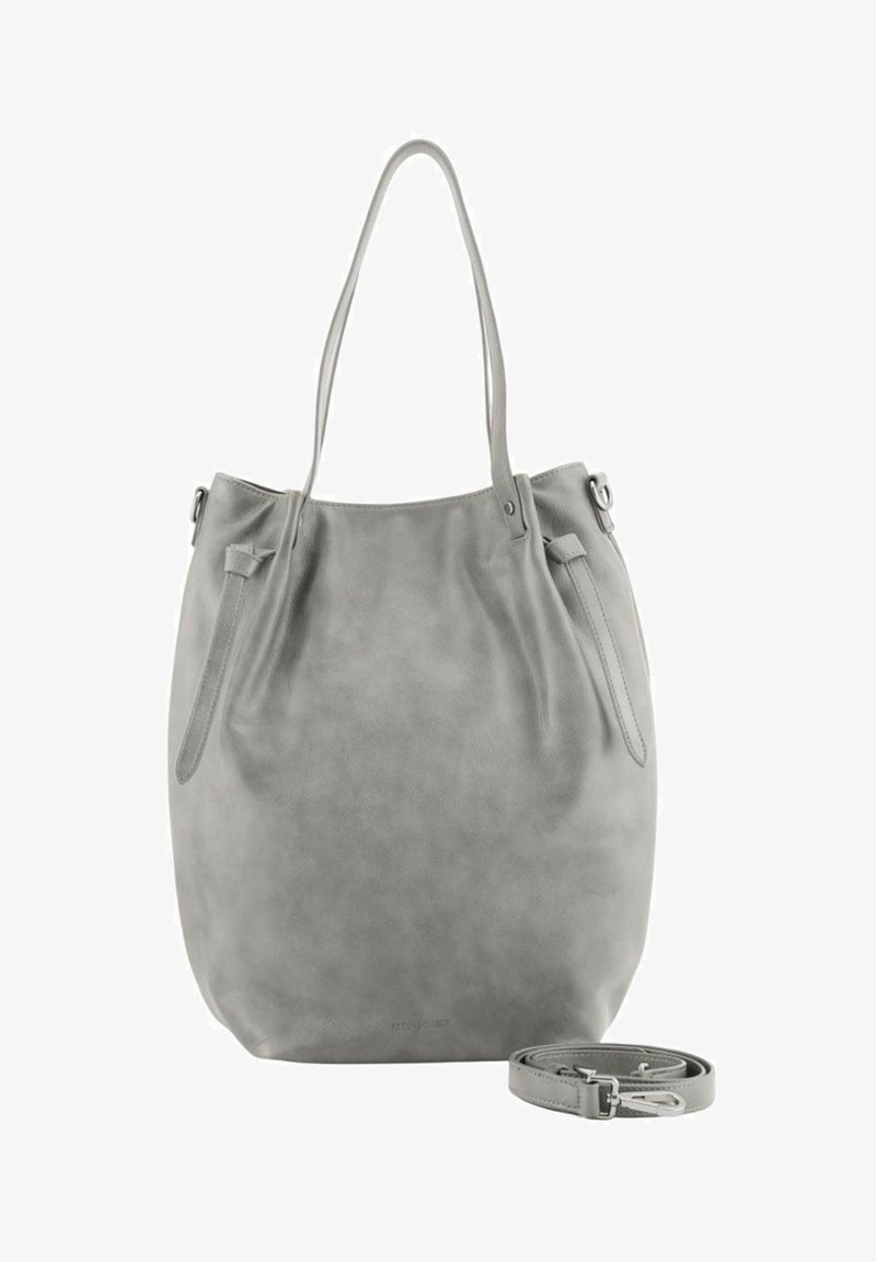 Grand sac à main gris doux avec deux poignées de shoulder et une longue bandoulière amovible enroulée à côté sur un fond blanc.