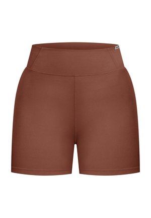 Pantalones cortos ajustados de talle alto en un color óxido sólido. Hechos de un material suave y elástico con costuras planas para mayor comodidad. Sin características o patrones prominentes.
