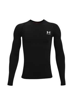Schwarzes sportliches Kompressionsshirt mit langen Ärmeln, Rundhalsausschnitt und weißem Under Armour-Logo auf der oberen linken Brust.