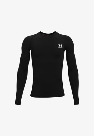 T-shirt de compression athlétique noir à manches longues avec col rond et logo blanc Under Armour sur la partie supérieure gauche de la poitrine.