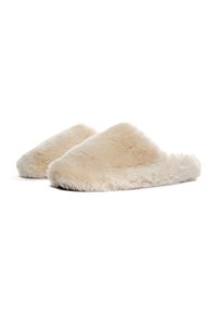 Beige fur slippers with a plush texture, featuring a rounded design and soft, cozy finish. Suitable for indoor use.