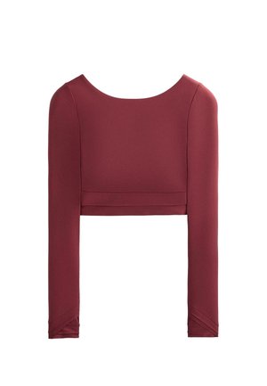 Mikina s dlhým rukávom v tmavočervenej farbe, vyrobená z hladkej tkaniny s okrúhlym výstrihom a diagonálnymi akcentmi na rukávoch.