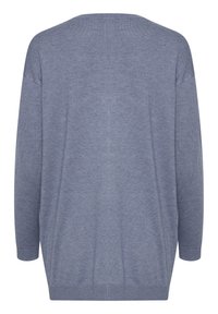 Maglione a maniche lunghe in tessuto a maglia blu chiaro. Presenta una vestibilità ampia, scollatura rotonda e polsini e orlo a coste. Design posteriore pulito e senza cuciture.