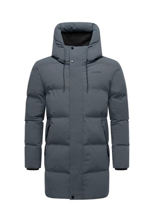 Puffer-takki tummanharmaana, jossa on korkea kaulus, vetoketjullinen etuosa ja kaksi sivutaskua. Ominaisuuksiin kuuluu kiiltävä pinta ja säädettävä huppu.