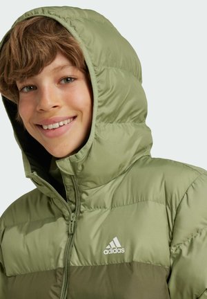 Jasnozielona kurtka puchowa z kapturem, z zamkiem z przodu, pikowanym wykończeniem oraz logo Adidas na klatce piersiowej.