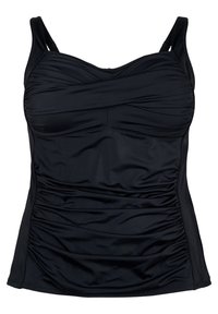 Haut de maillot de bain noir avec bretelles réglables, détails froncés à l'avant et sur les côtés, fabriqué en tissu lisse et extensible pour le confort et l'ajustement.