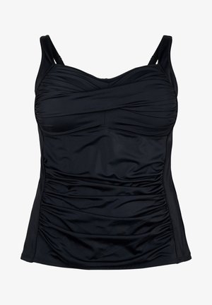 Melnā peldkostīma blūze ar regulējamām siksnām, ar plisētām detaļām priekšā un sānos, izgatavota no gluda, elastīga auduma, nodrošinot komfortu un labu piegulšanu.