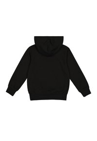 Felpa nera con cappuccio, materiale in cotone, maniche lunghe, polsini e orlo a coste, design semplice, senza loghi o motivi visibili, vista posteriore.