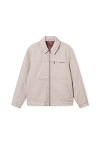 Jasno beżowa kurtka z kołnierzem stójkowym, z przednim zamkiem, dwoma bocznymi kieszeniami i kieszenią na piersi. Gładki materiał z minimalnymi detalami szwów.