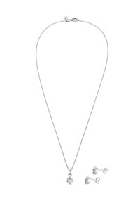 Collana d'argento con un pendente geometrico e orecchini a punto abbinati, dotati di pietre blu chiaro, catena delicata e chiusura sicura.