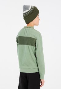 Žalias pūkuotas džemperis su kontrastinga alyvuogių žalia juostele per nugarą. Ruožuota apykaklė su tekstu. Pilkas megztas beanie su juostelėmis.