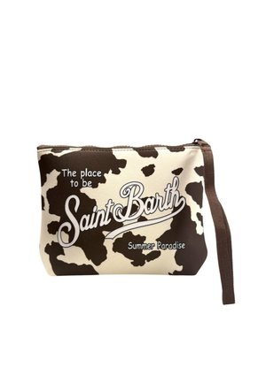 Piccola bustina con zip con stampa marrone e crema a motivo mucca e testo "The place to be Saint Barth Summer Paradise", cinturino marrone per polso attaccato.