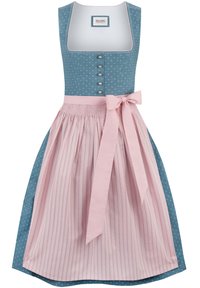 Dirndl dress featuring a blue patterned bodice with pearl buttons, a pink striped skirt, and a matching bow at the waist.