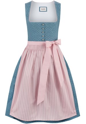Dirndl-Kleid mit einem blauen gemusterten Oberteil und Perlenknöpfen, einem rosa gestreiften Rock und einer passenden Schleife an der Taille.