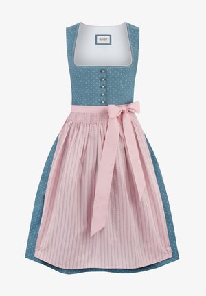 Dirndl-Kleid mit einem blauen gemusterten Oberteil und Perlenknöpfen, einem rosa gestreiften Rock und einer passenden Schleife an der Taille.