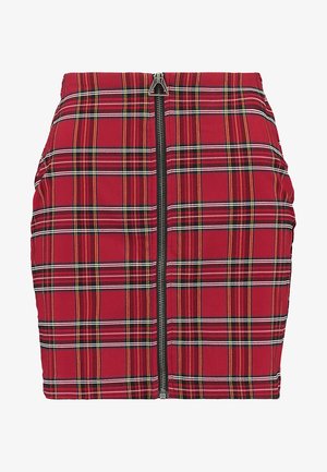 Red plaid mini skirt with slim fit, featuring a front zipper, alternating white and yellow lines, and gathered detail on the sides.