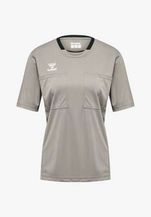 Kortærmet grå atletisk skjorte med rund hals, to forlommer og en sort halsudskæring. Fremstillet af glat, fugttransporterende stof.
