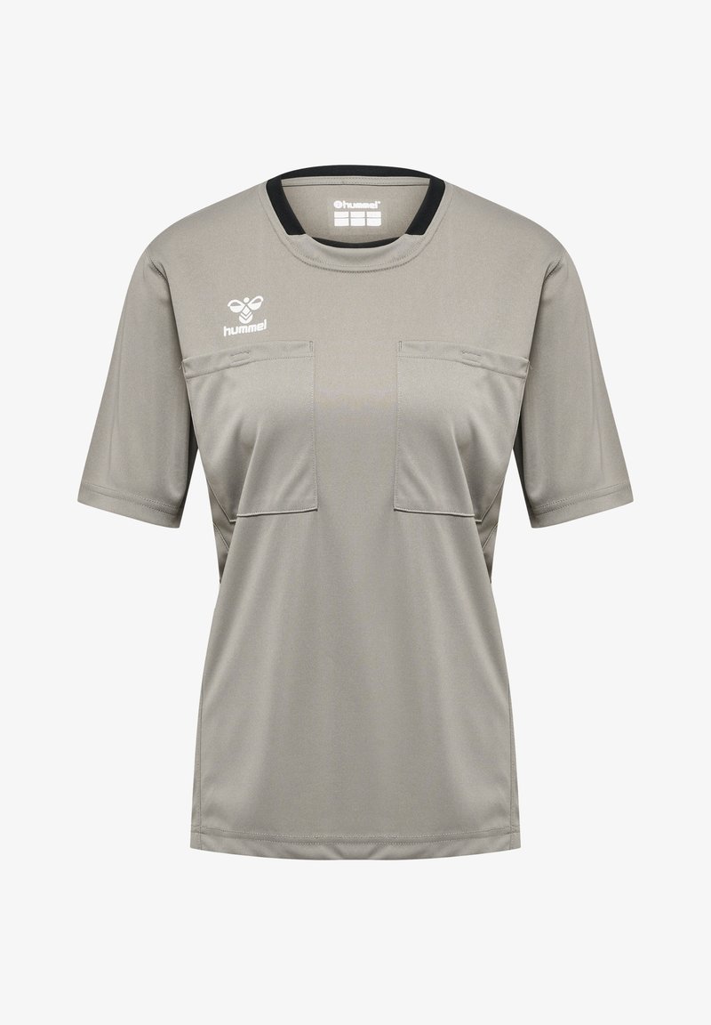 Kortærmet grå atletisk skjorte med rund hals, to forlommer og en sort halsudskæring. Fremstillet af glat, fugttransporterende stof.