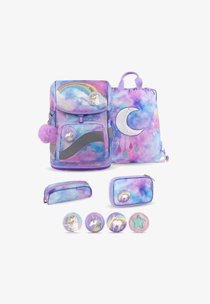 Purple and blue galaxy-themed backpack set with unicorn and rainbow badges, moon drawstring bag, pencil case, and small pouch.