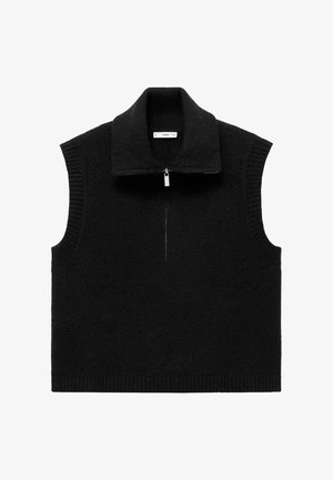 Čierny bezrukávový pletený sveter s širokým golierom a predným polovičným zipsom, ribbované priehlbiny na rukávoch a lem, položený na bielom pozadí.